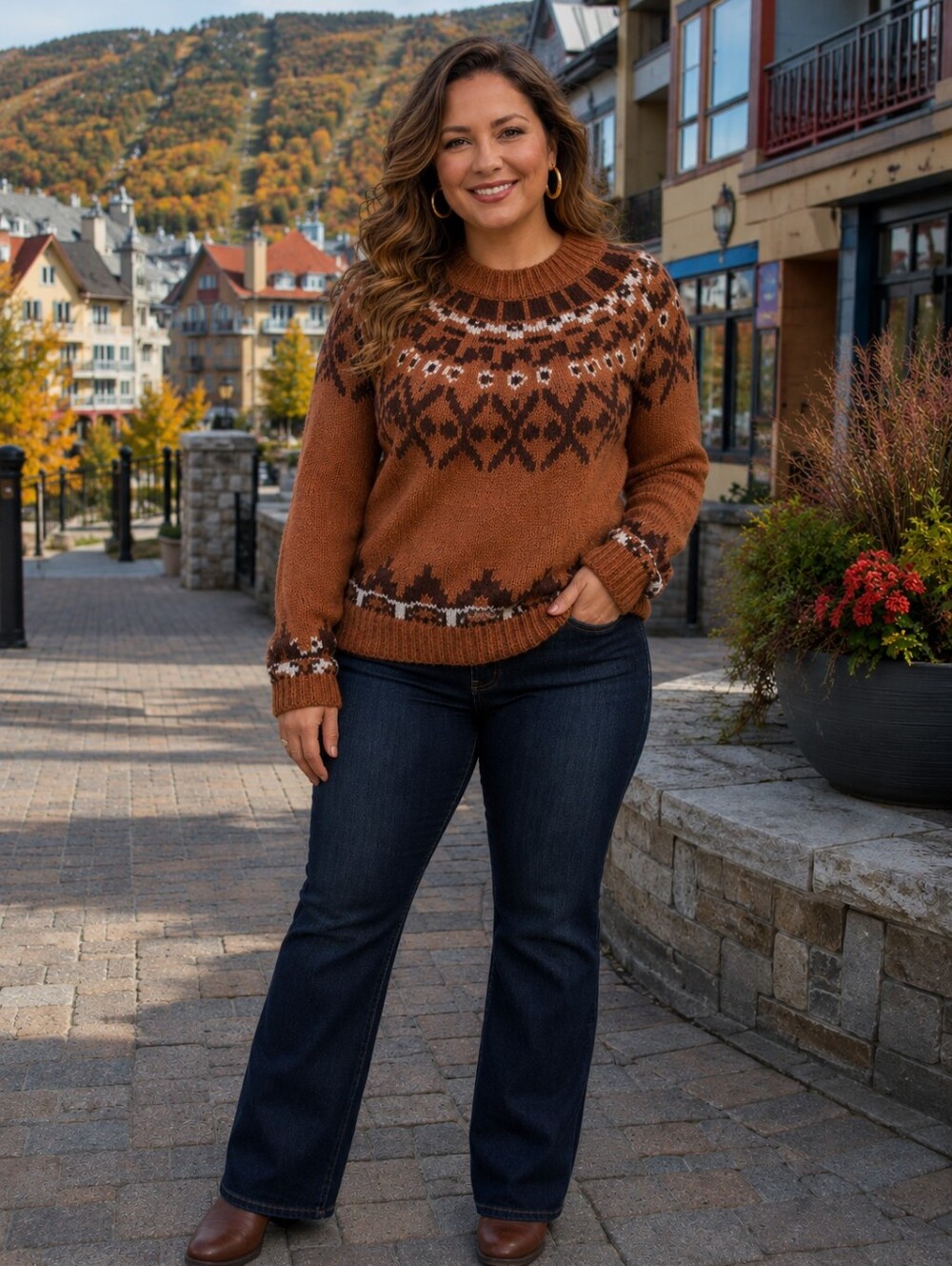 Moon River Women's Fair Isle Hairy Pullover Sweater Camel Multi Brown Colour